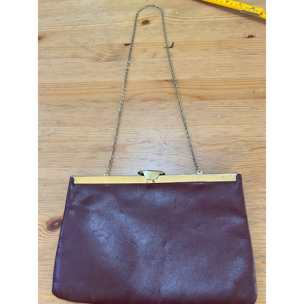 Etra Vintage 60's MCM Burgundy Leather Envelope Clutch Gold Frame Chain Bag